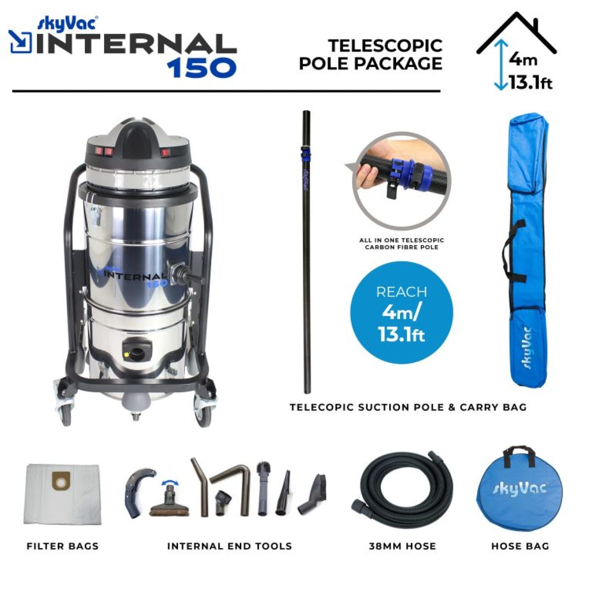 Aspirateur industriel Internal 150 haute performance pour nettoyage intérieur jusqu’à 12 mètres